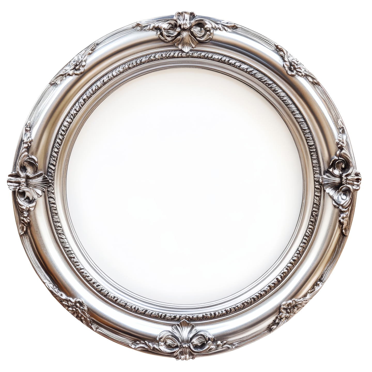 an ornate silver frame on a white background