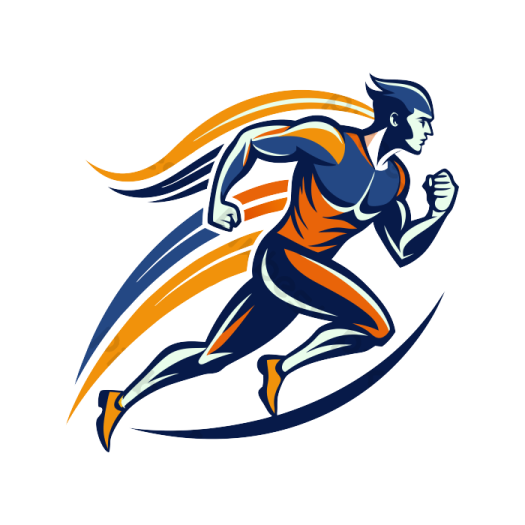a running man in a blue and orange uniform