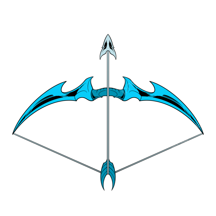 a blue and white bow with two arrows