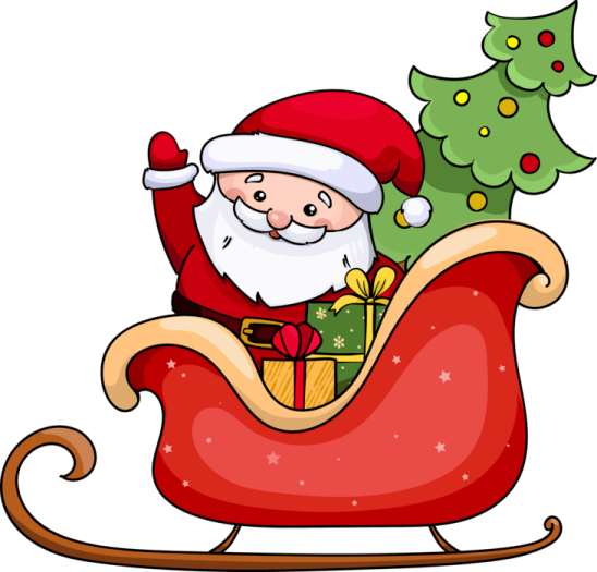 a santa claus on a sler with a christmas tree