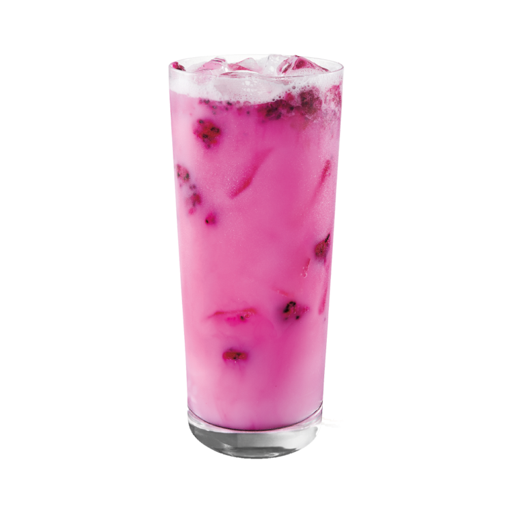 a tall glass filled with a pink drink