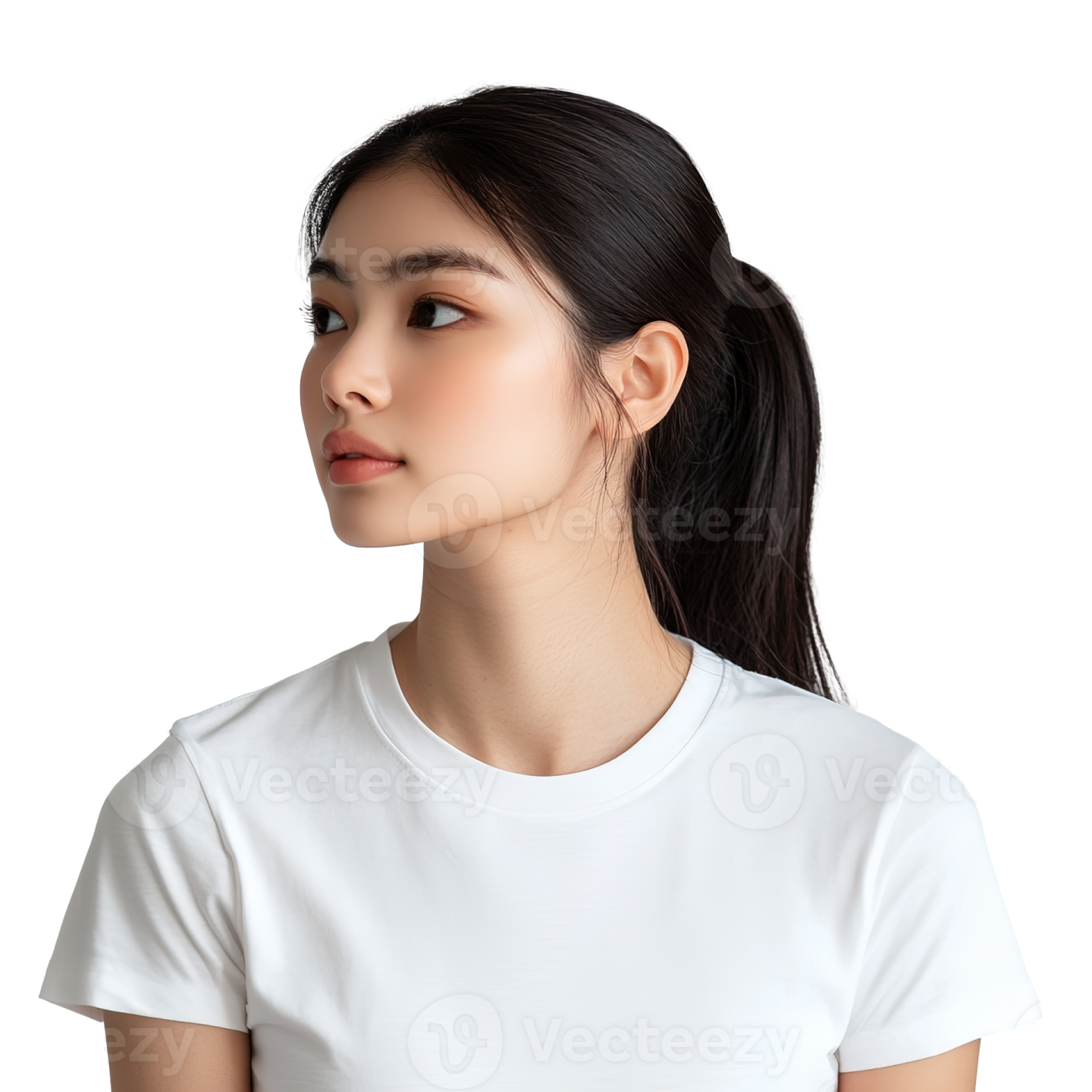a woman wearing a white t - shirt