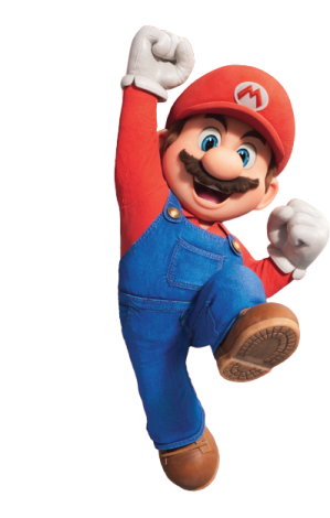 a man in a red hat and blue overalls is jumping