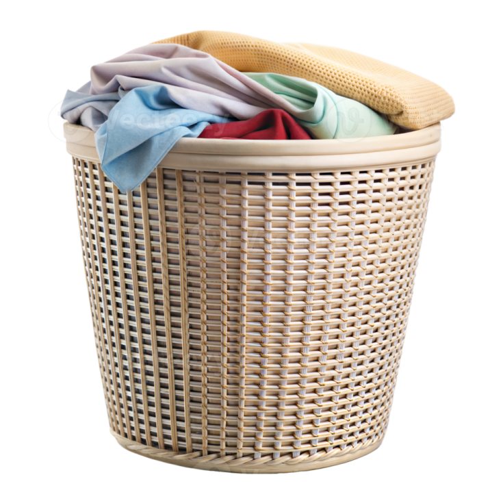 a laundry basket with clothes in it