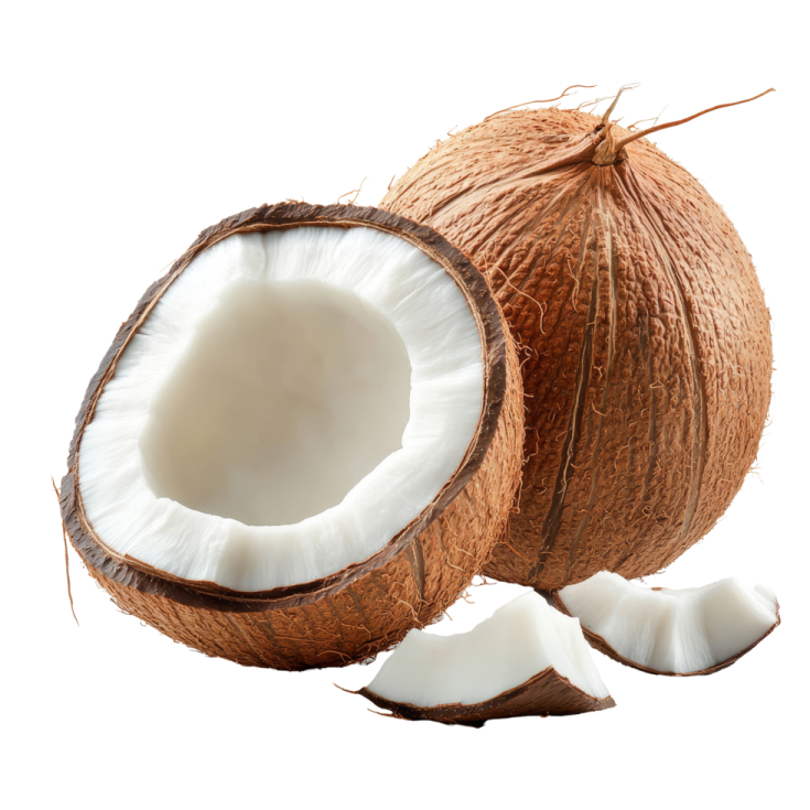 a whole coconut with two pieces cut in half