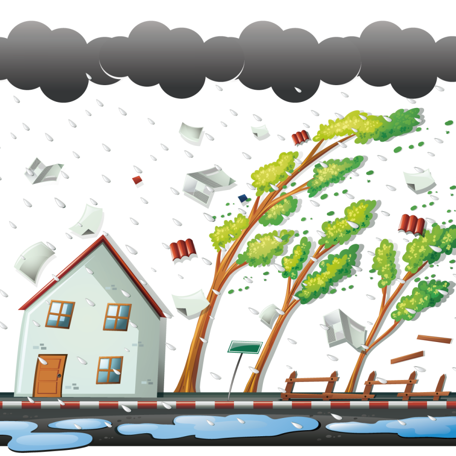 an illustration of a house in the rain