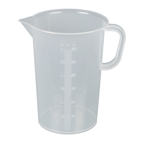a plastic measuring jug with a white handle