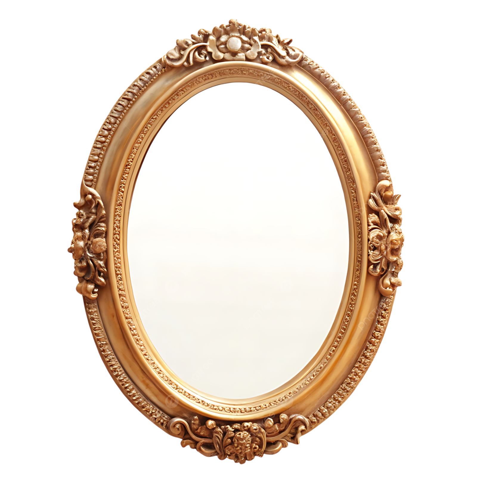 a gold oval mirror on a white background