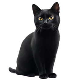 a black cat with yellow eyes sitting down