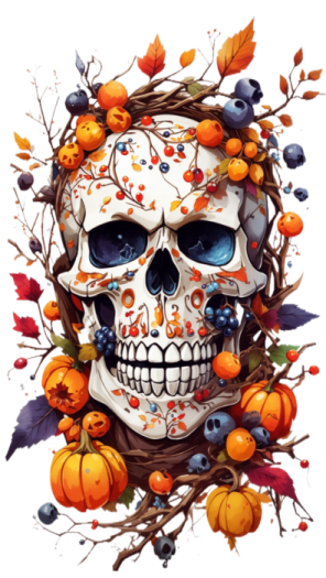 a skull surrounded by autumn leaves and pumpkins