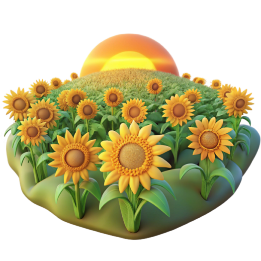 a field of sunflowers with the sun in the background