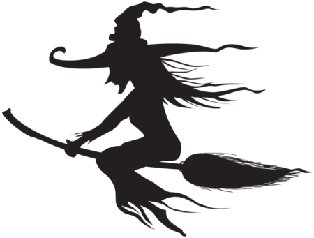 a silhouette of a witch flying on a broom