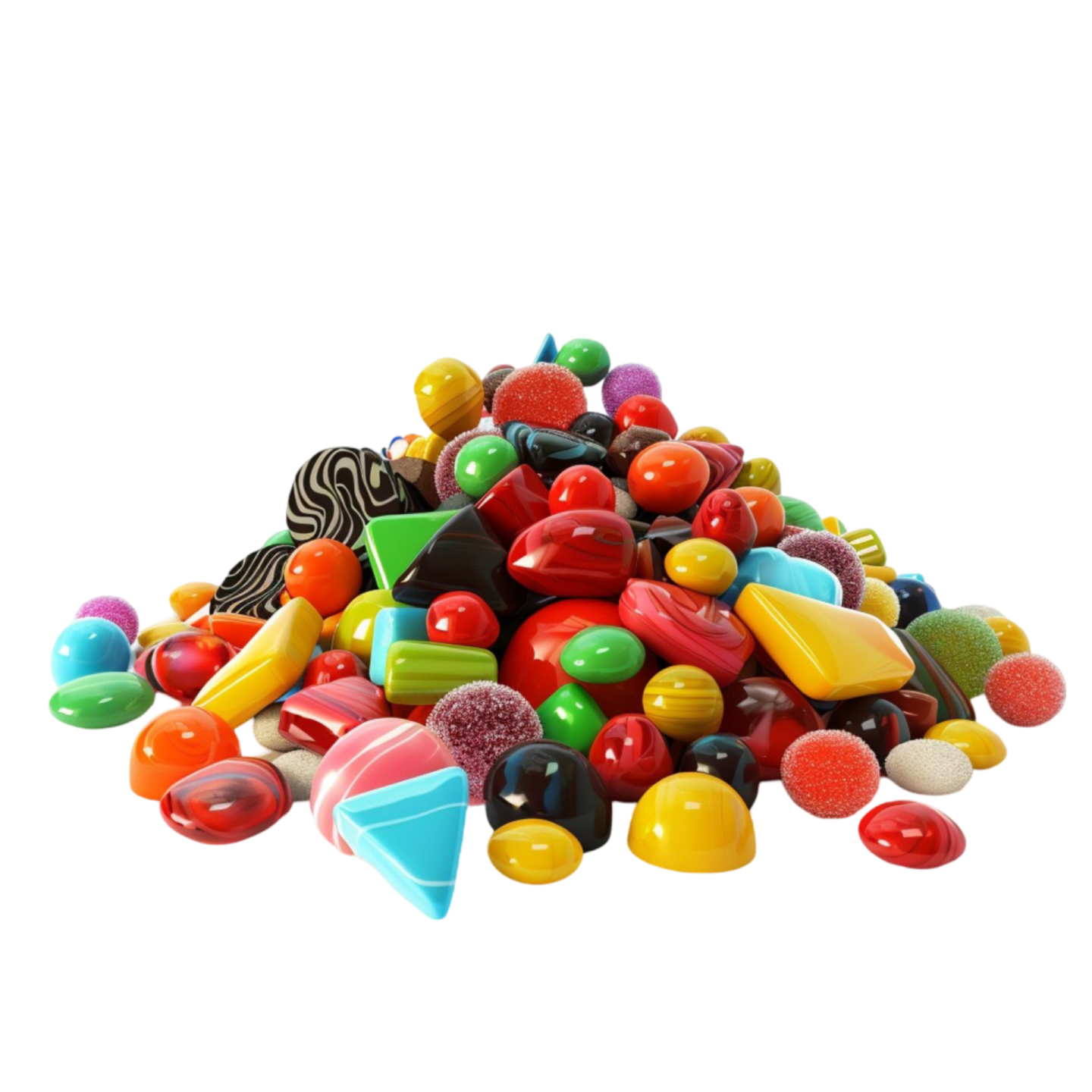 a pile of colorful candis on white background