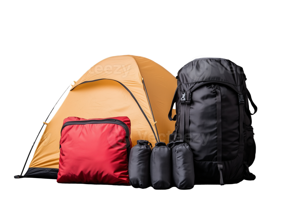 two backpacks and a tent on a white background