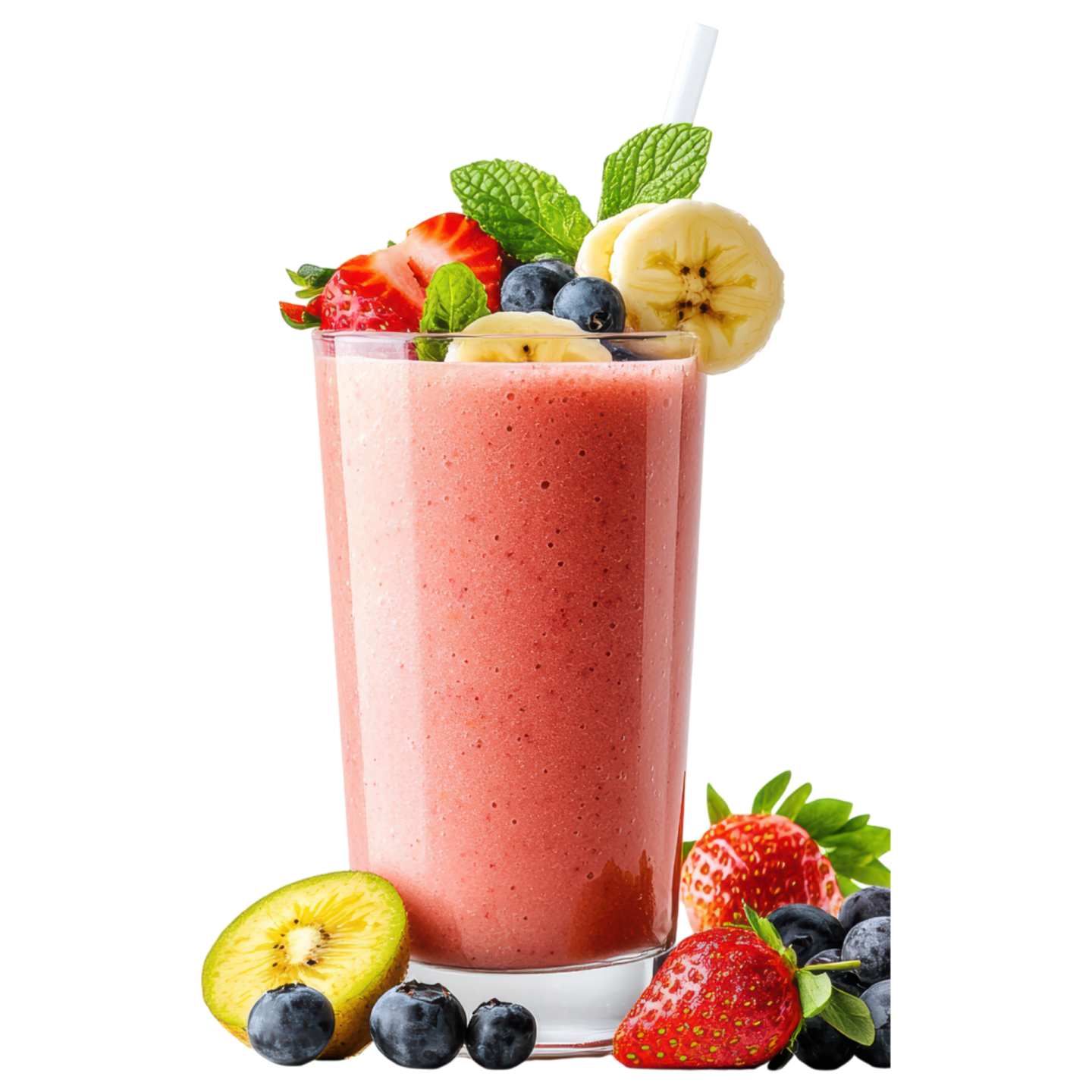 a glass filled with fruit and topped with a straw