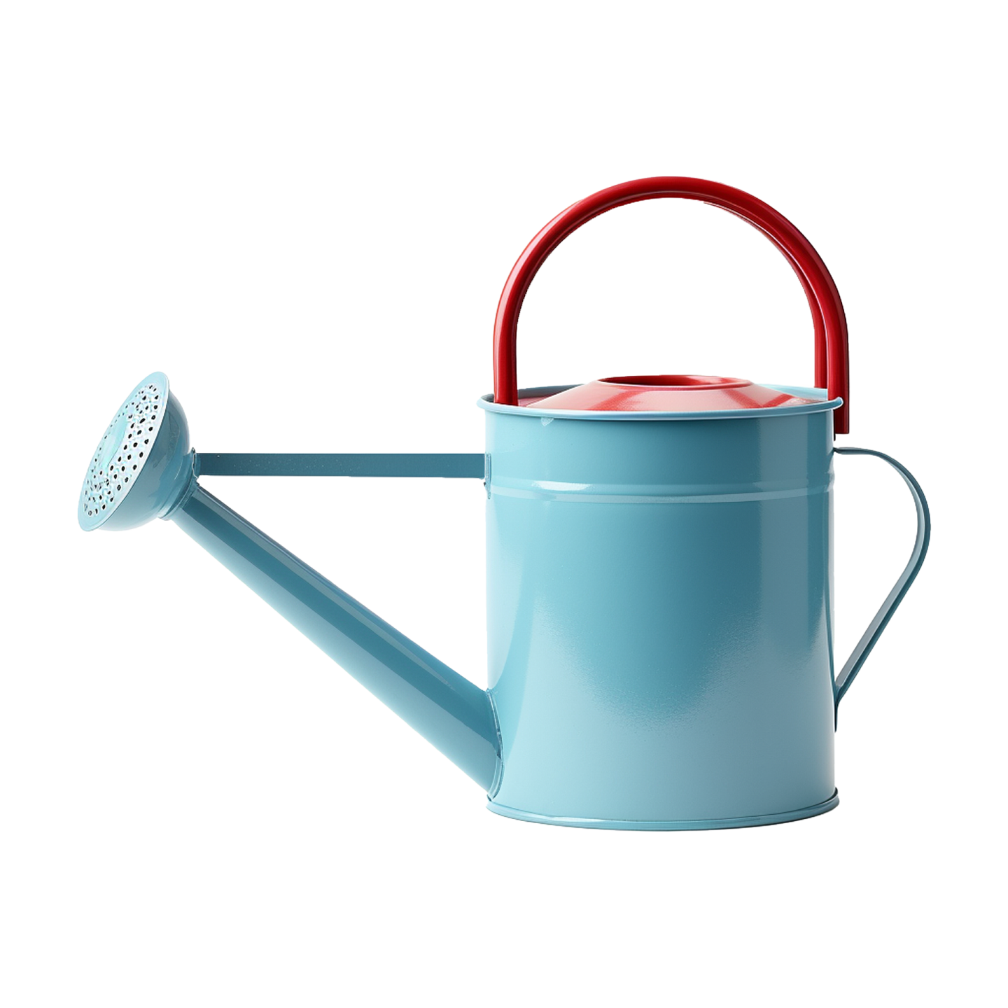 a blue watering can with a red handle