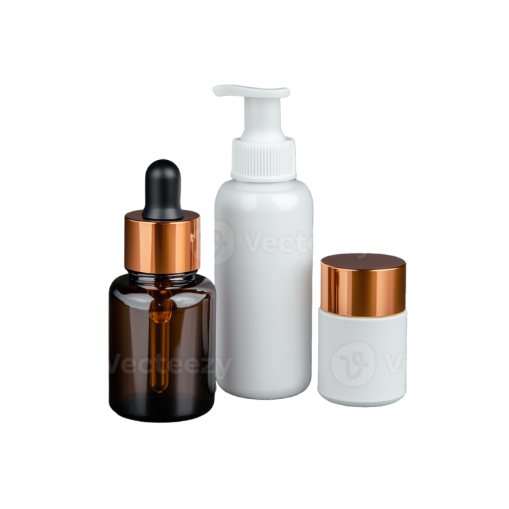 a bottle of liquid and two bottles of serum