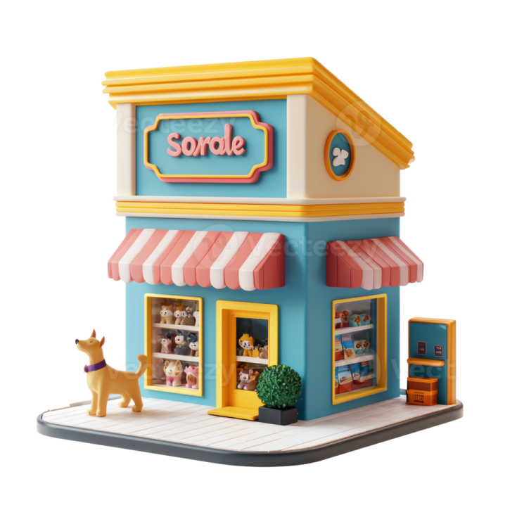 a small toy store with a dog outside