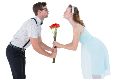 a man giving a flower to a woman