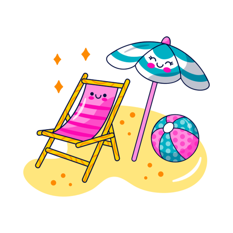 a beach chair with an umbrella and ball