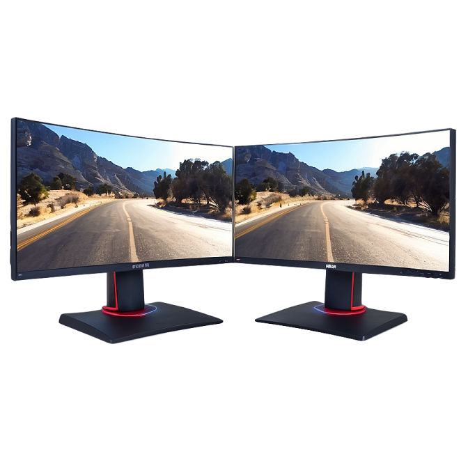 two monitors on a white background with mountains in the background