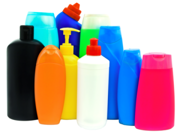 a group of different colored plastic bottles
