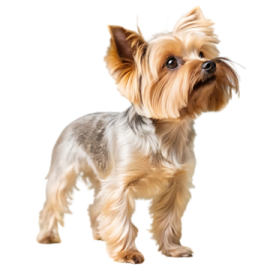 a small dog standing in front of a white background