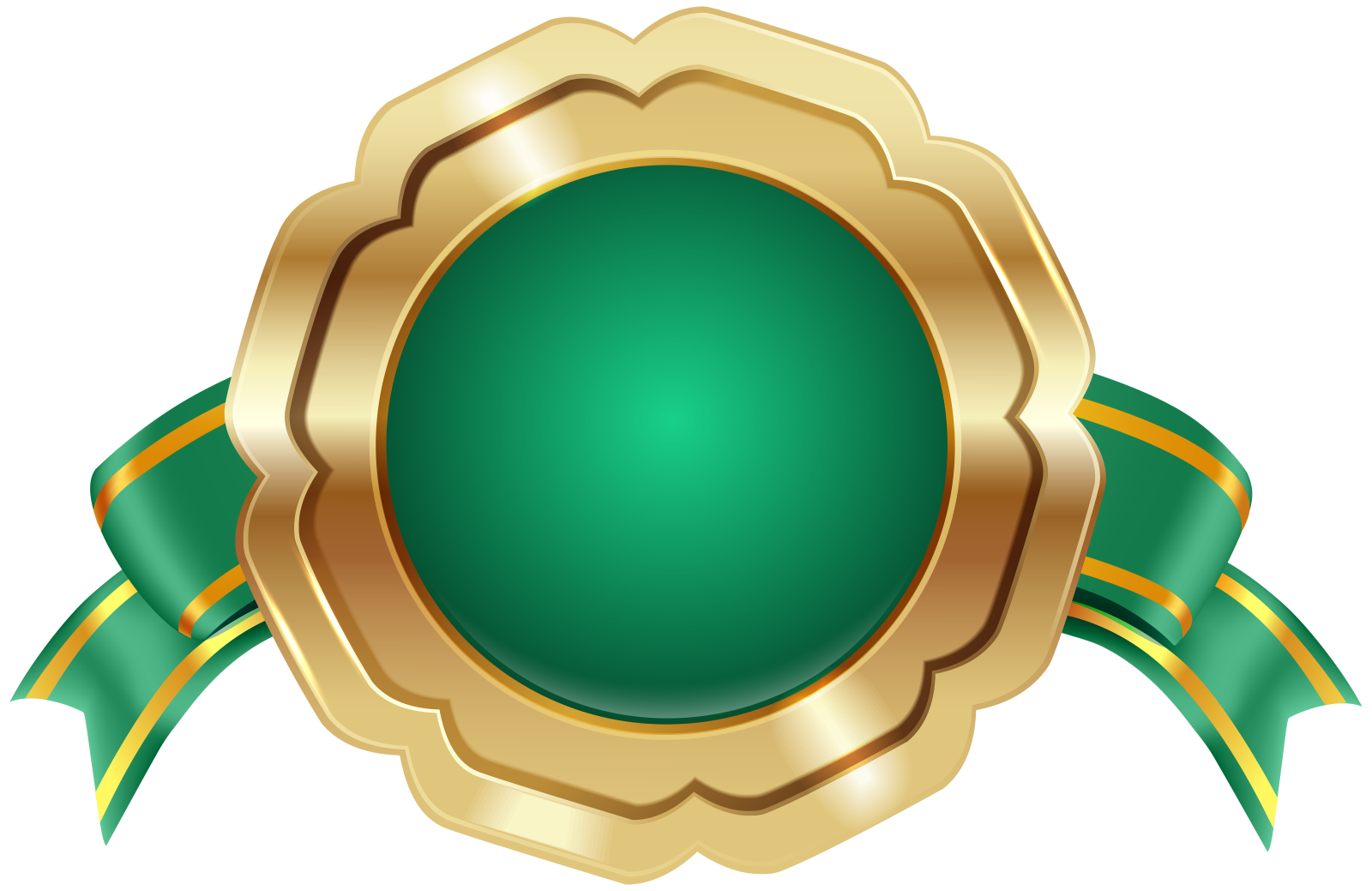 a gold medal with green ribbon