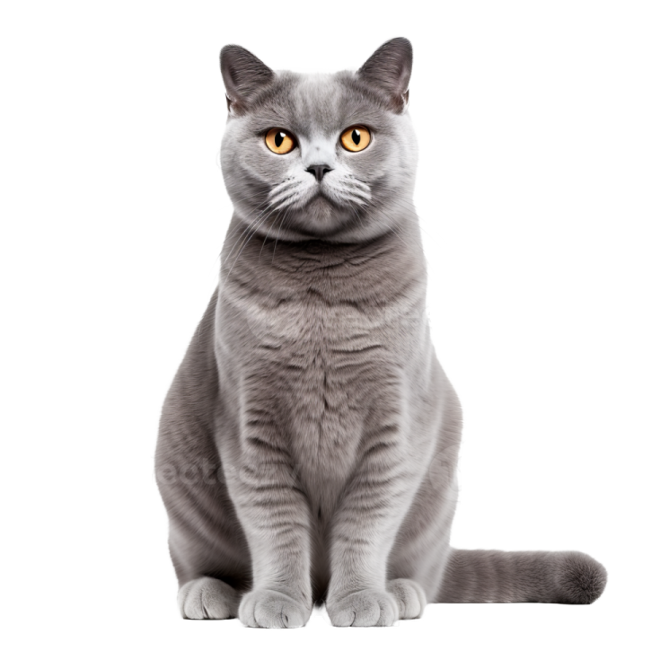 a grey cat sitting down and looking at the camera