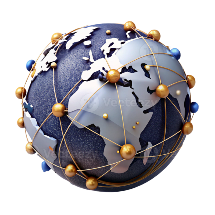 a blue and white globe with gold spheres around it