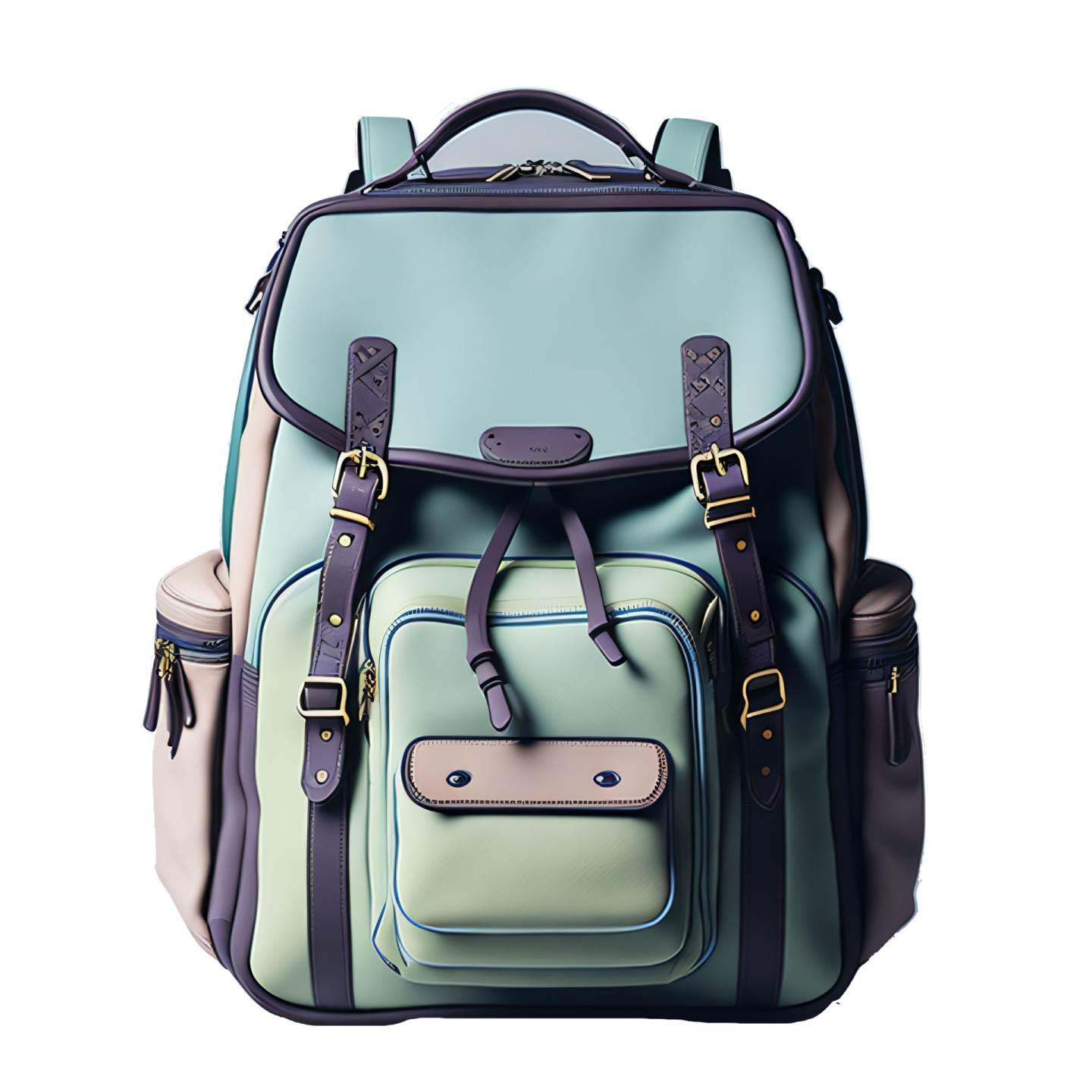 a blue and green backpack on a white background