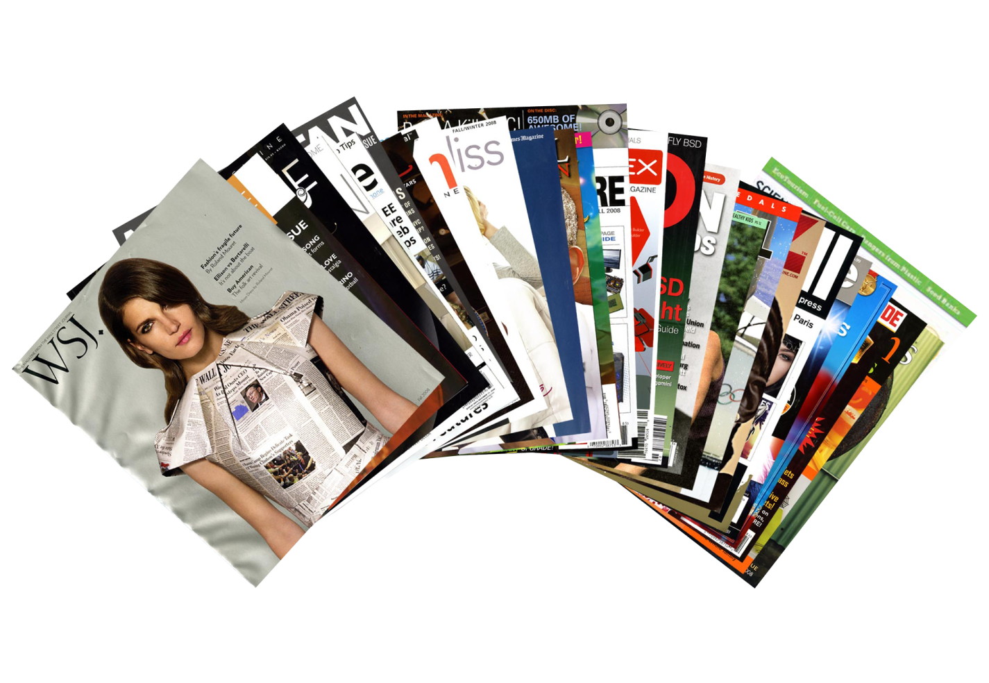 a bunch of magazines on a white background