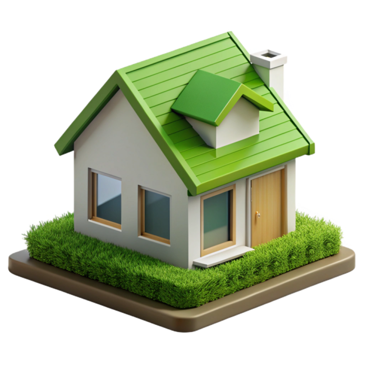 a small house with a green roof