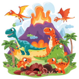 a group of dinosaurs in front of a volcano