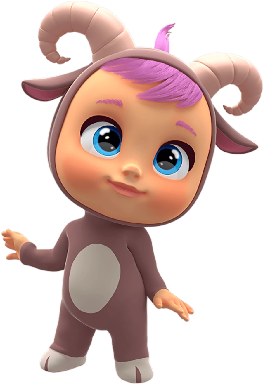 a cartoon character with purple hair and blue eyes
