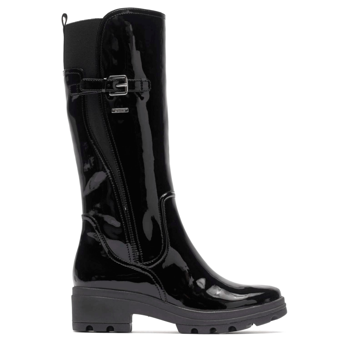 a pair of black rain boots on a white background