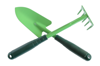 a green garden tool with a black handle