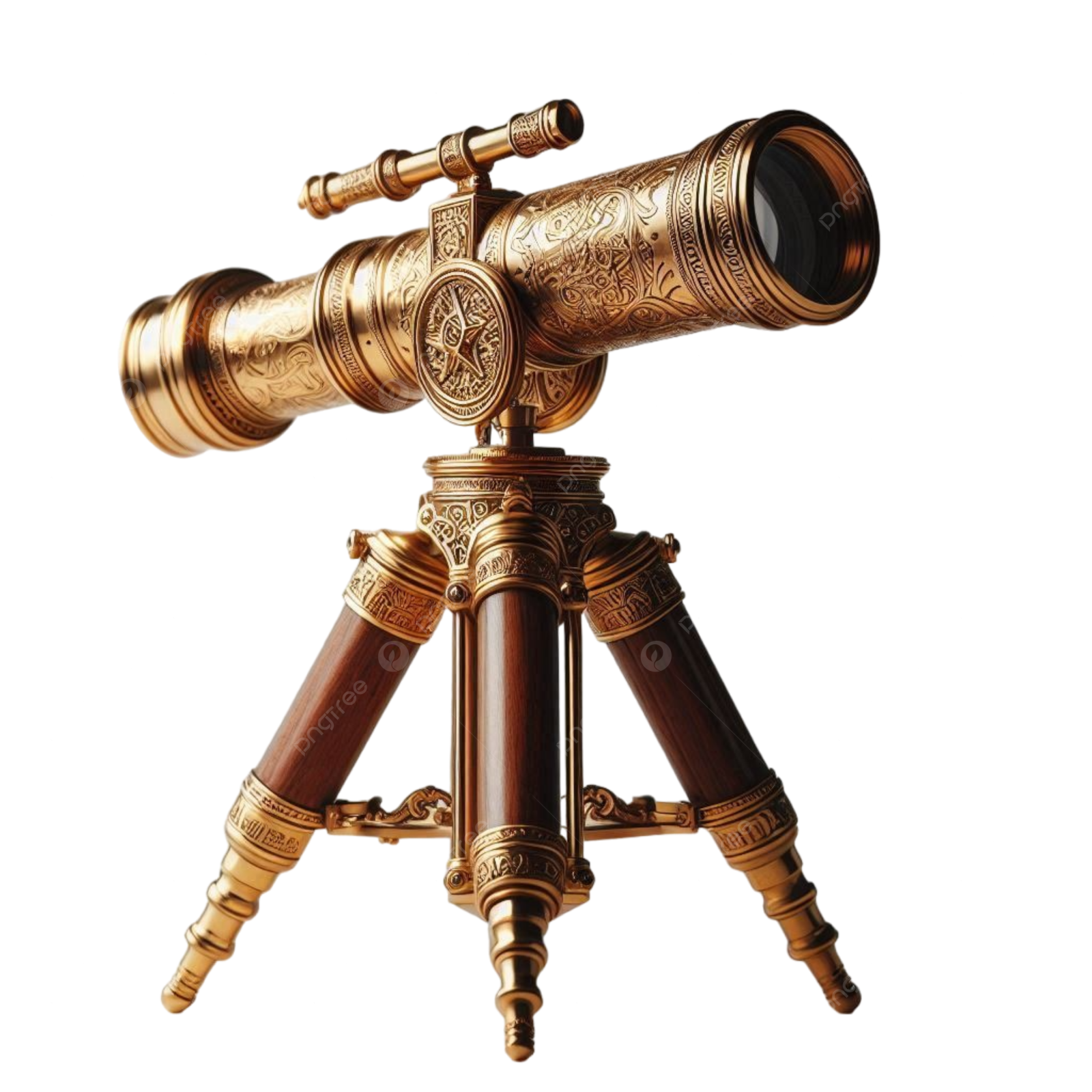 an antique brass telescope on a white background