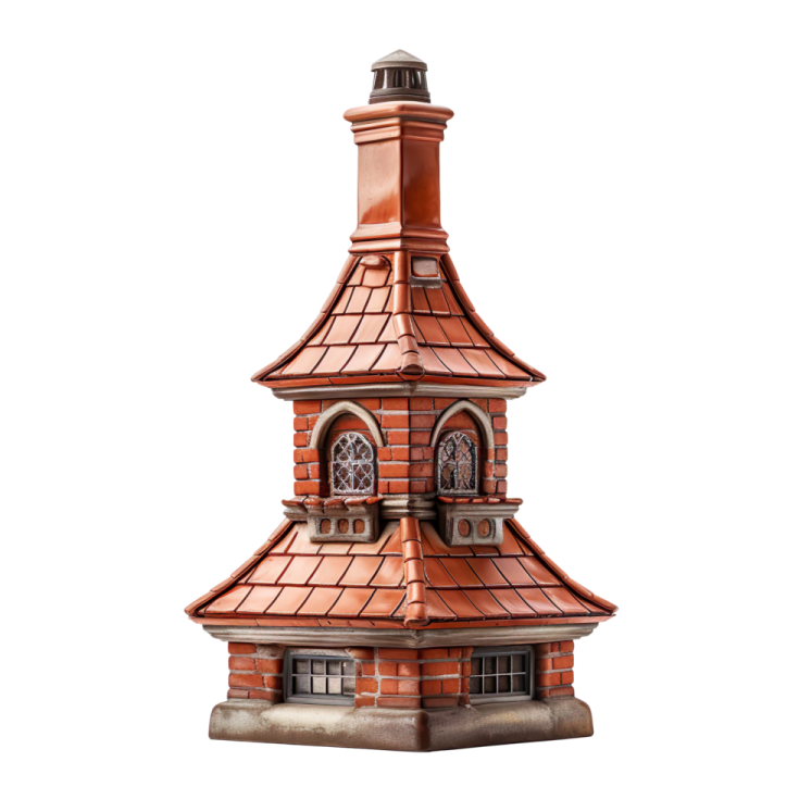 a small red brick building with a clock on top
