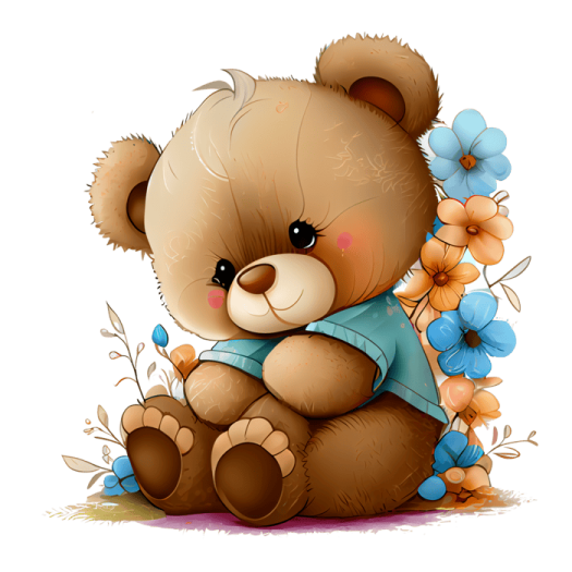 a teddy bear sitting on the ground with flowers