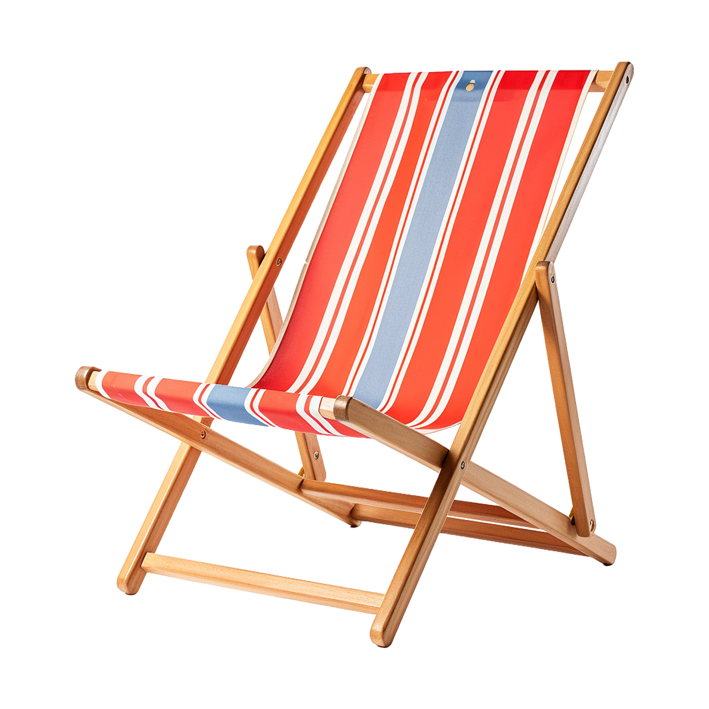 a red, white and blue striped deck chair