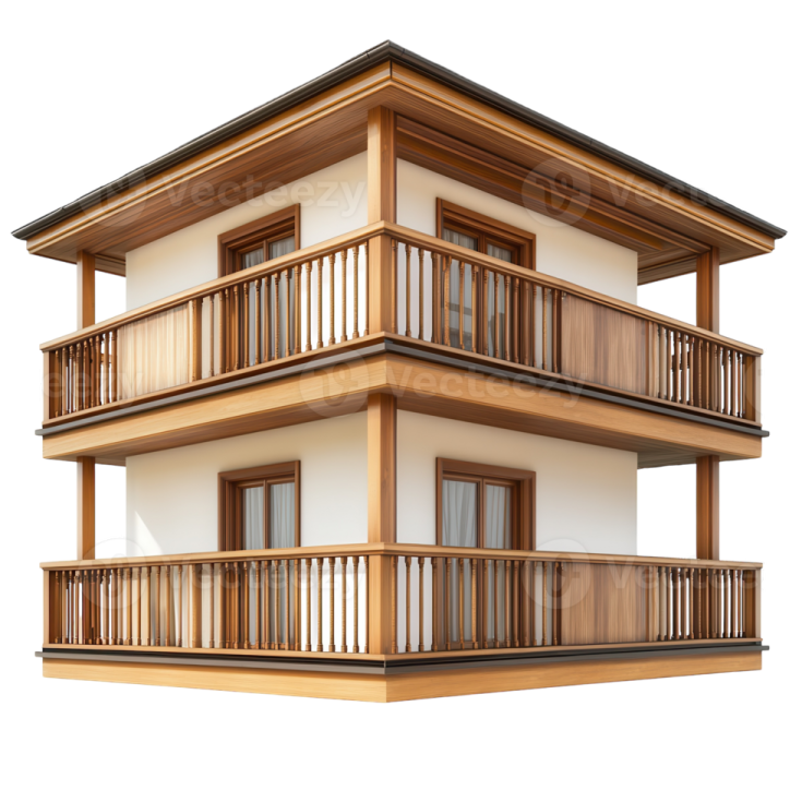 a two story house with balconys and bales