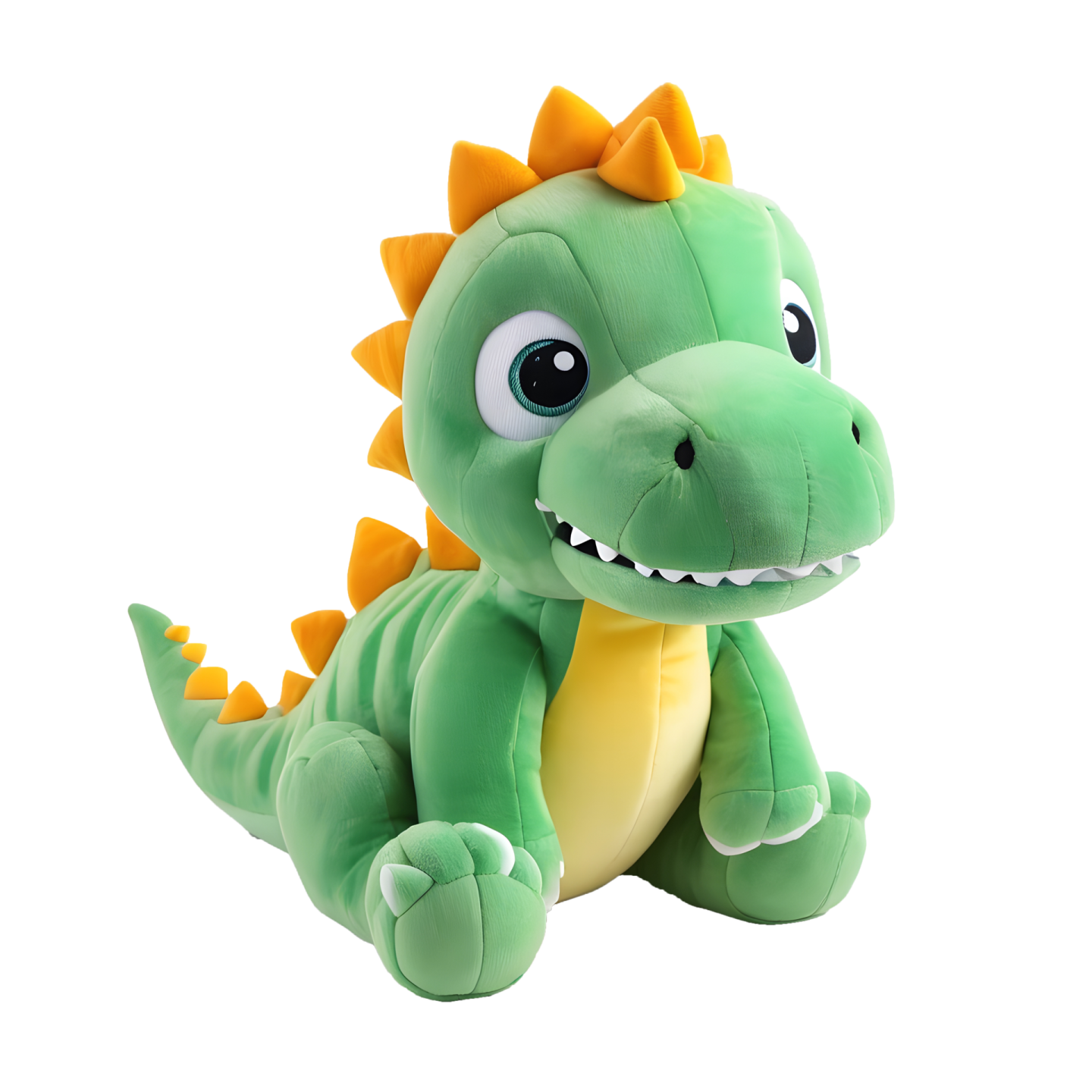 a green stuffed dragon sitting on a white background