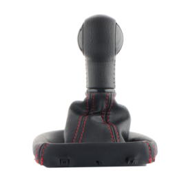 a black car seat with red stitching on it