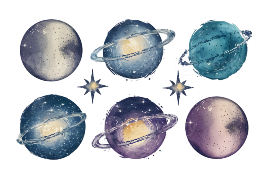 a set of watercolor planets and stars