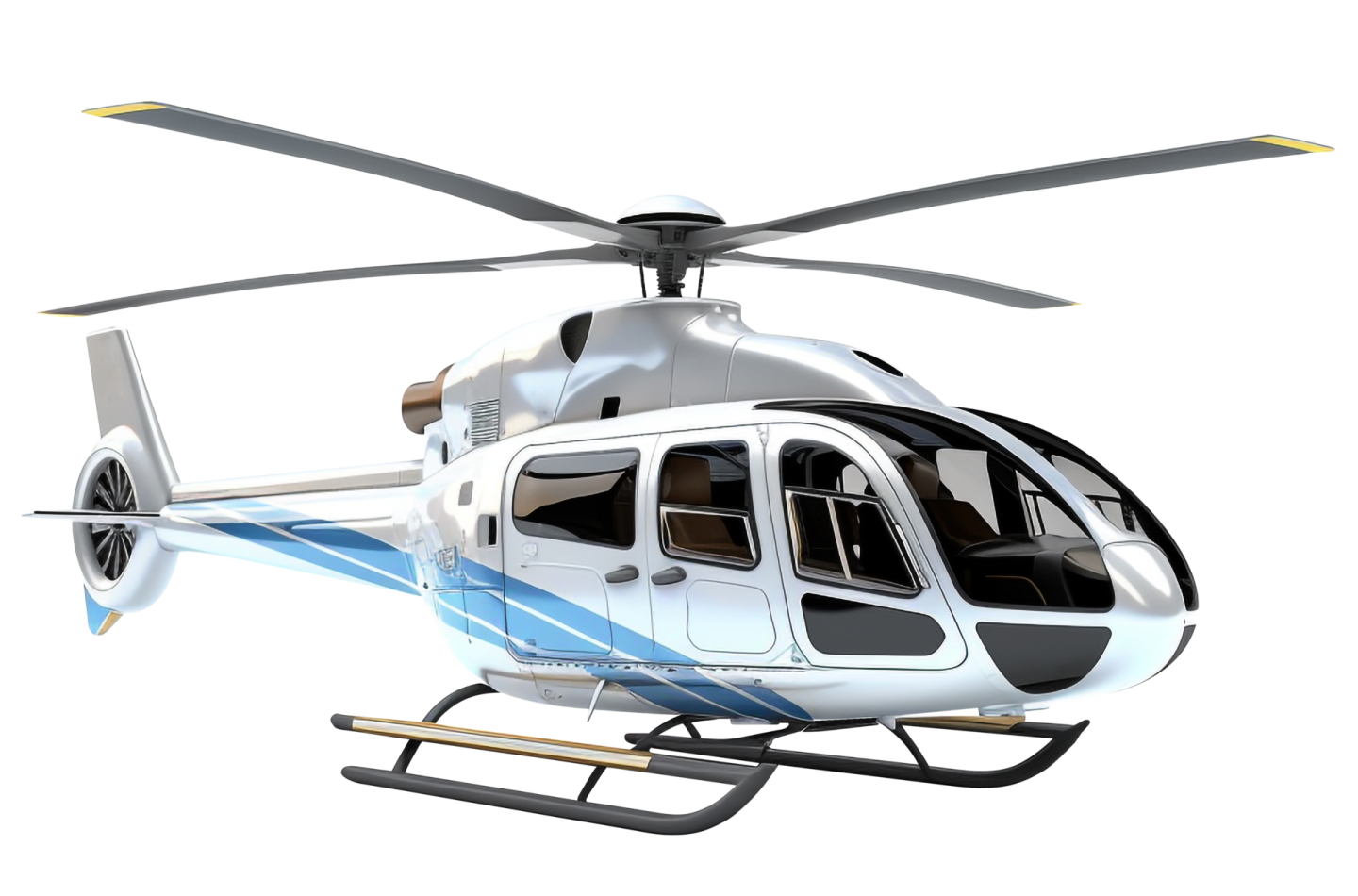 a white helicopter with blue and yellow trims