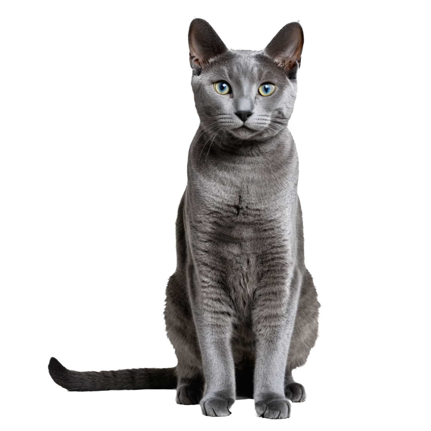 a gray cat with blue eyes sitting on a white background