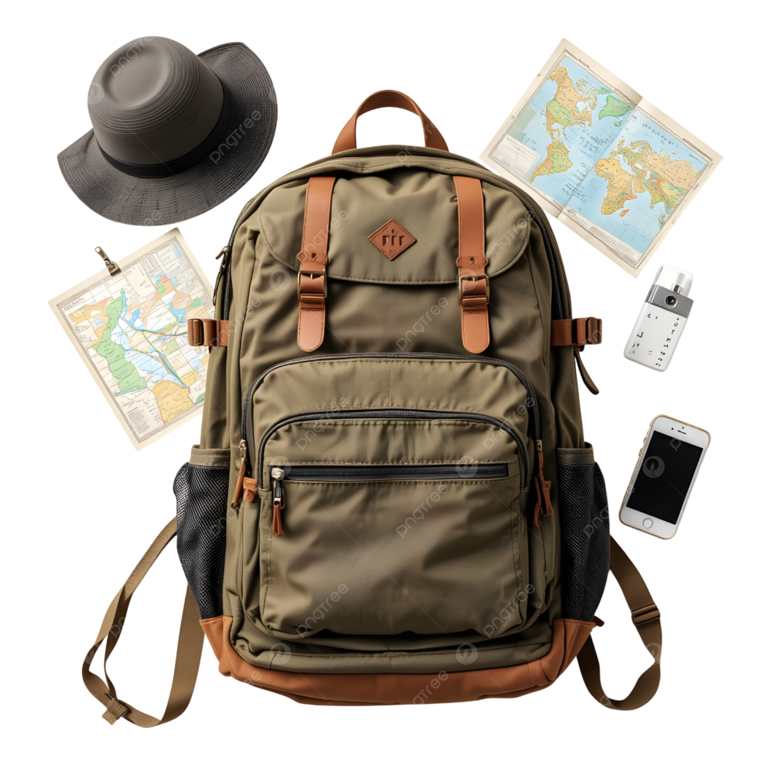 a backpack with a map, hat and cell phone