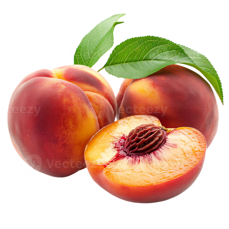 three peaches with a leaf on top of them