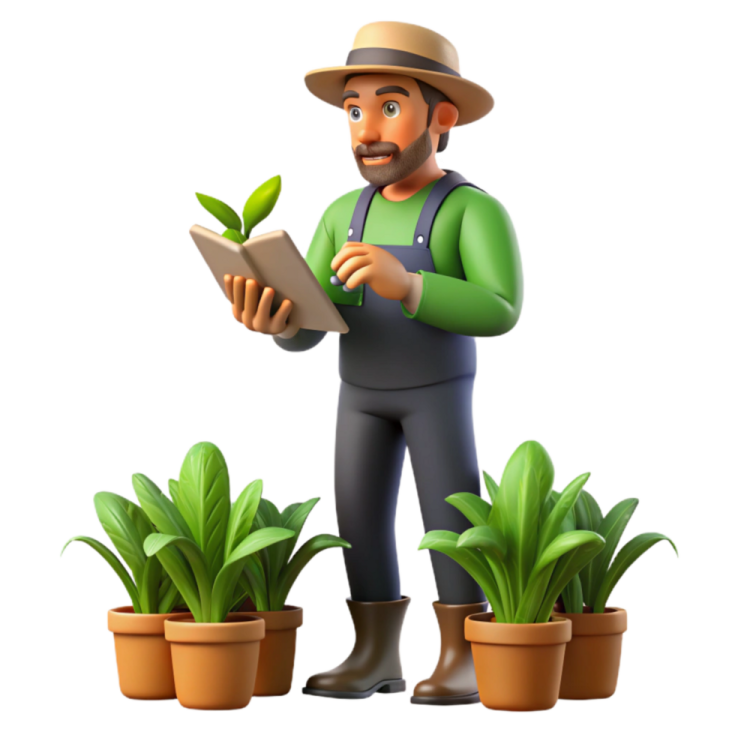a man with a tablet and potted plants